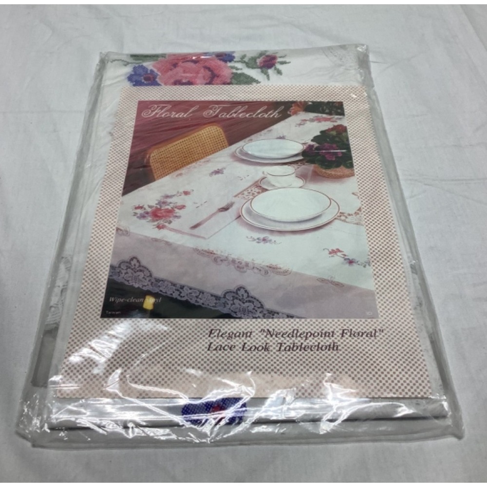 Vintage NOS Vinyl Needlepoint Floral Lace Look Tablecloth Wipes Clean 55"x70"